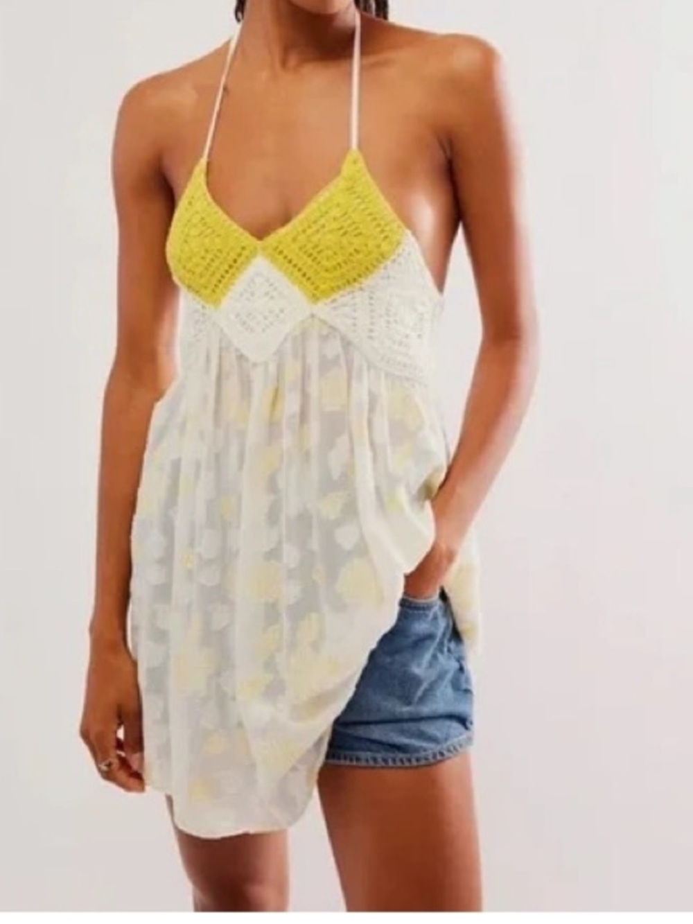 Free People Large Tunic YellowBell Crochet Bust Halter Style in Ivory Combo